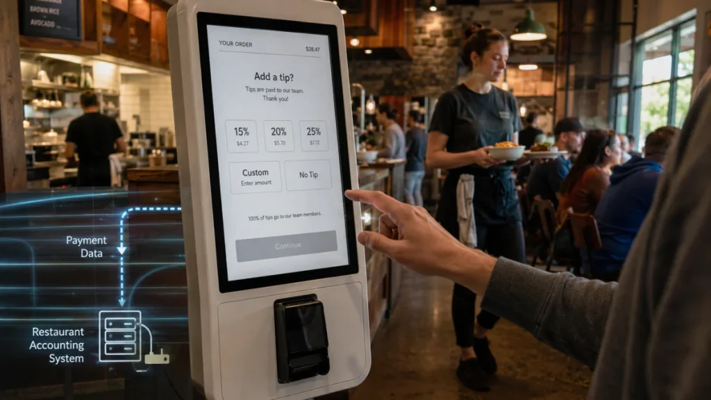 A customer taps a restaurant kiosk screen showing tip options including 15%, 20%, 25%, custom amount, and no tip.