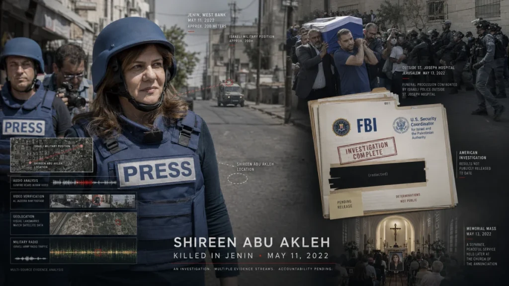 Infographic showing journalist Shireen Abu Akleh in press gear with evidence panels, a FBI investigation folder, and scenes from the aftermath of her killing in Jenin and Jerusalem.