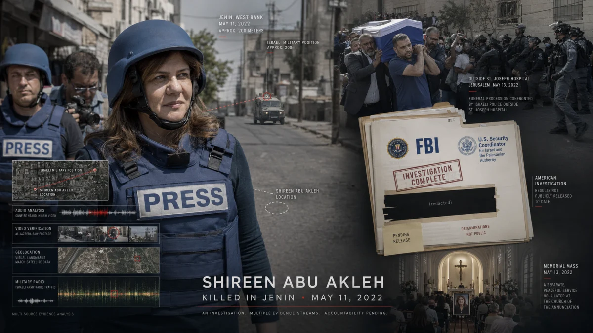 Infographic showing journalist Shireen Abu Akleh in press gear with evidence panels, a FBI investigation folder, and scenes from the aftermath of her killing in Jenin and Jerusalem.