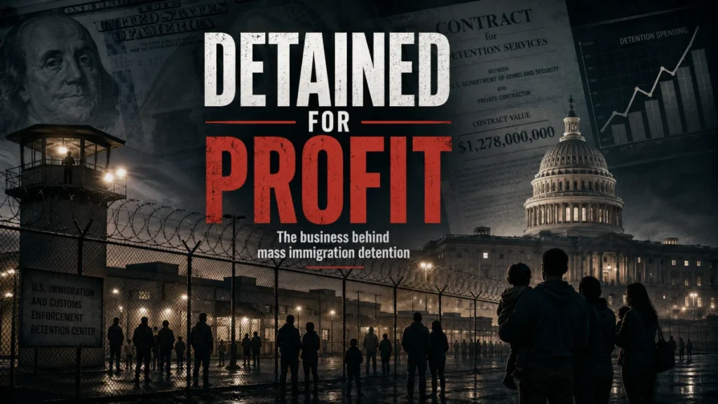 Dark editorial image showing an immigration detention center behind barbed wire, the U.S. Capitol, charts, and the headline 'Detained for Profit'.