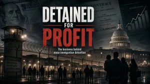 Dark editorial image showing an immigration detention center behind barbed wire, the U.S. Capitol, charts, and the headline 'Detained for Profit'.