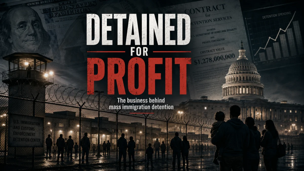 Dark editorial image showing an immigration detention center behind barbed wire, the U.S. Capitol, charts, and the headline 'Detained for Profit'.