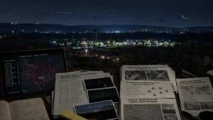 Nighttime view of drones flying over a lit landscape, with briefing documents about New Jersey UAS incursions and foreign intelligence theories spread across a desk in the foreground.