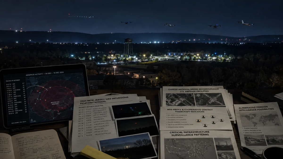 Nighttime view of drones flying over a lit landscape, with briefing documents about New Jersey UAS incursions and foreign intelligence theories spread across a desk in the foreground.