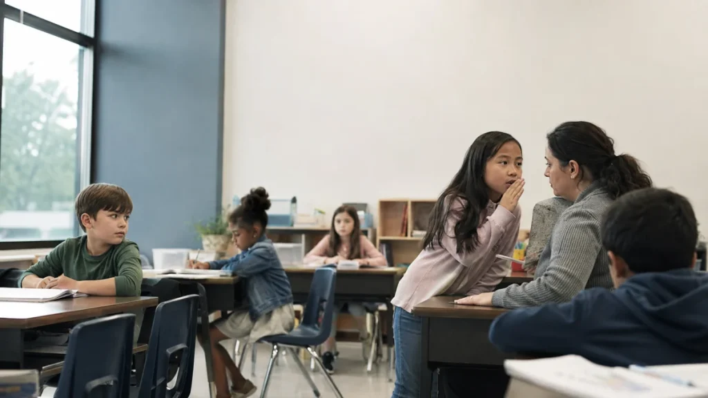 Students sitting at desks in a classroom while one girl speaks quietly with a teacher.