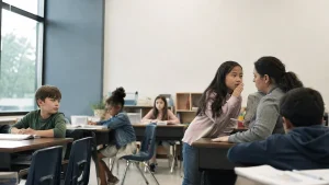 Students sitting at desks in a classroom while one girl speaks quietly with a teacher.