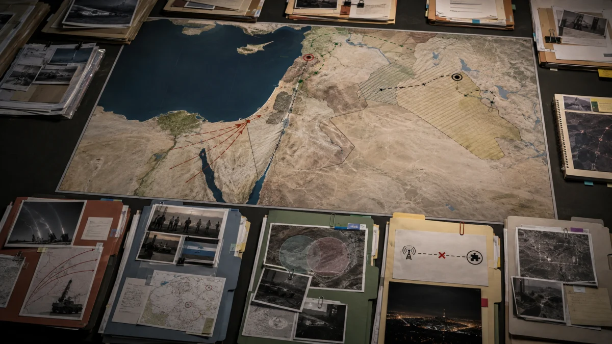 Overhead view of a large strategic map surrounded by folders, photos, and planning documents on a table.