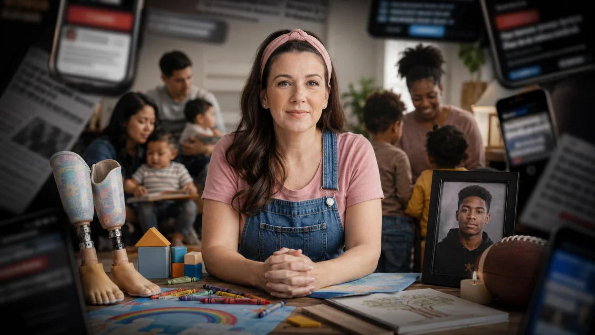 A woman in a pink shirt and denim overalls sits at a table with children’s drawings, toys, and a framed portrait, with families in the background and blurred social media posts around the edges.