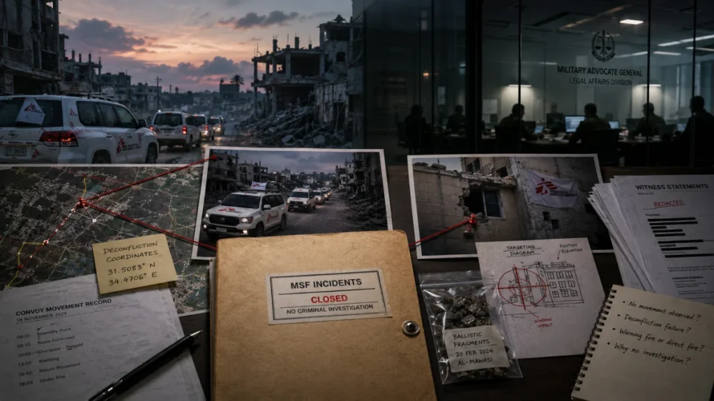 Desk covered with conflict investigation documents, photos, ballistic fragments, and a closed case folder in front of a damaged city scene.
