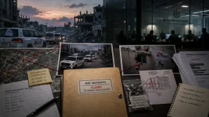 Desk covered with conflict investigation documents, photos, ballistic fragments, and a closed case folder in front of a damaged city scene.