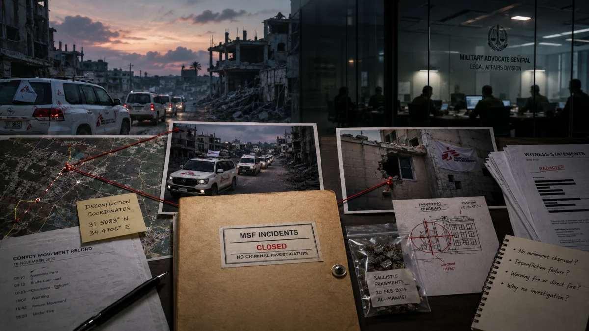 Desk covered with conflict investigation documents, photos, ballistic fragments, and a closed case folder in front of a damaged city scene.