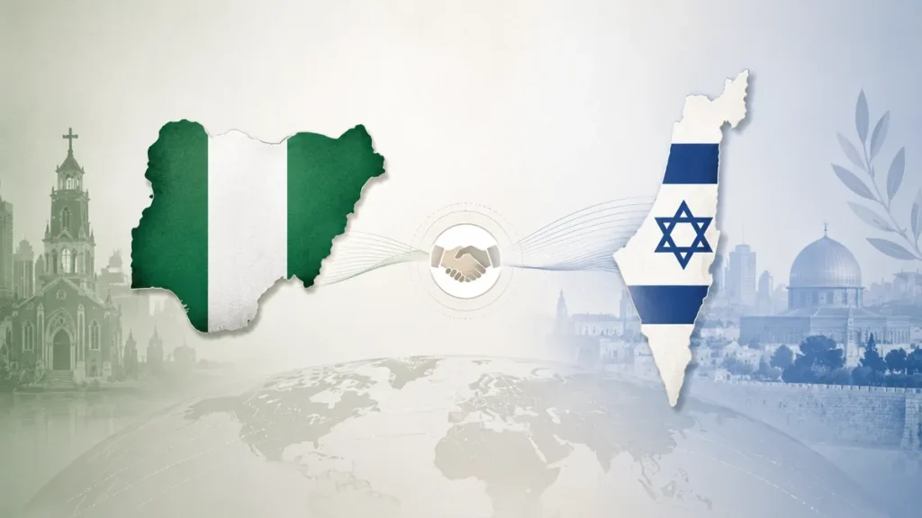 Editorial illustration showing Nigerian and Israeli flags, religious landmarks, and a handshake symbolizing bilateral relations