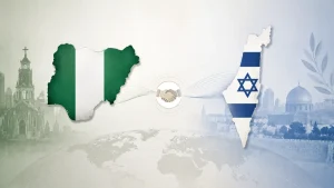 Editorial illustration showing Nigerian and Israeli flags, religious landmarks, and a handshake symbolizing bilateral relations