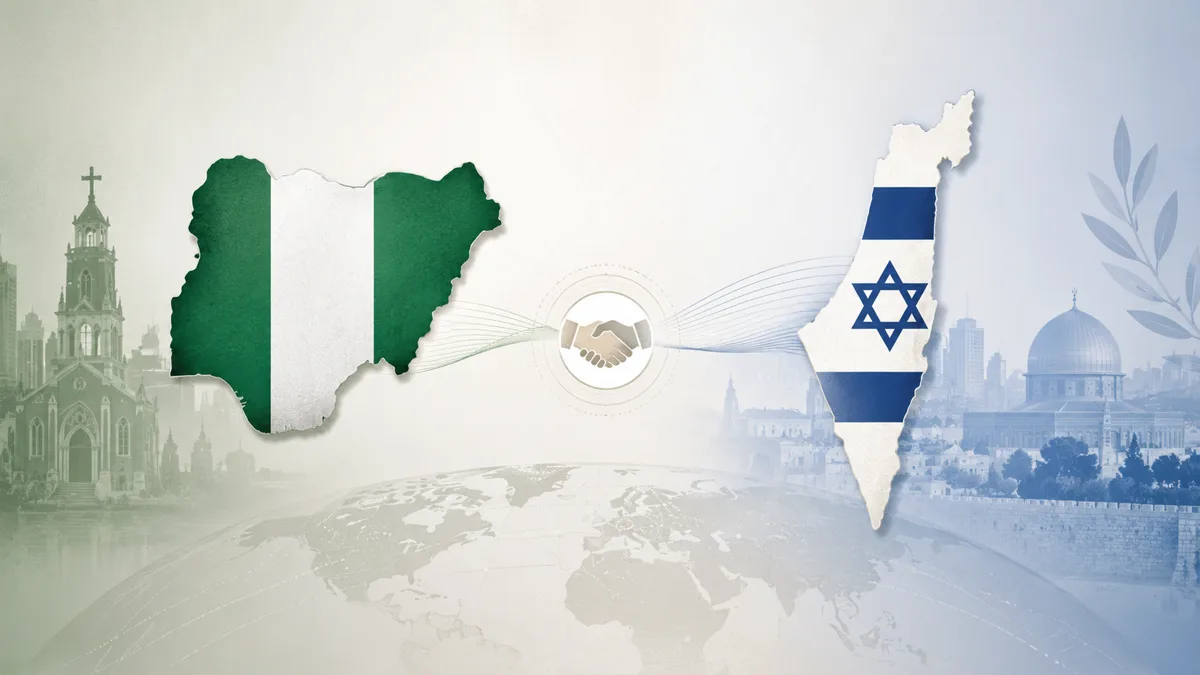 Editorial illustration showing Nigerian and Israeli flags, religious landmarks, and a handshake symbolizing bilateral relations