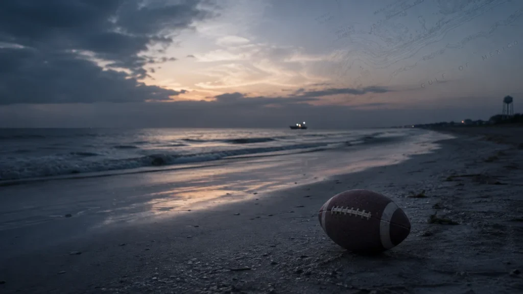 An American football lies on a dark beach near the shoreline at sunset, with waves, a distant boat, and a water tower in the background.