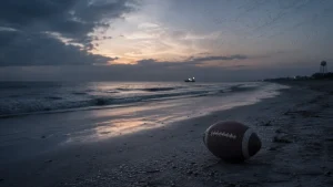 An American football lies on a dark beach near the shoreline at sunset, with waves, a distant boat, and a water tower in the background.