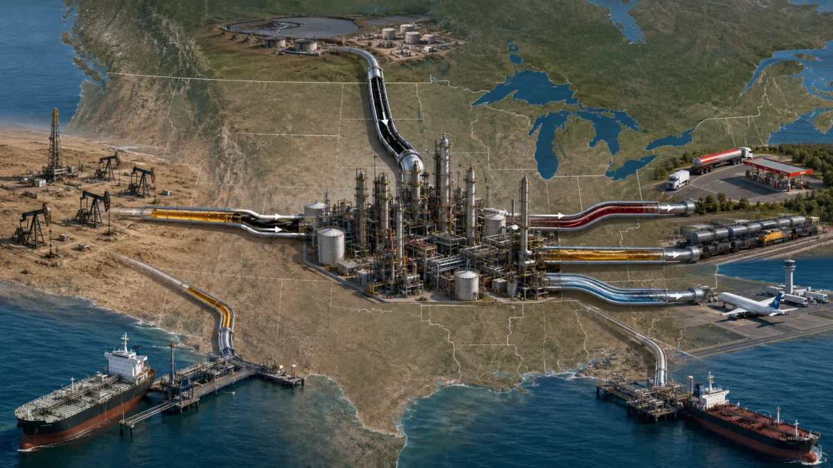 Illustration of the United States with oil wells, pipelines, a refinery, tankers, a truck stop, and an airport connected across the country.