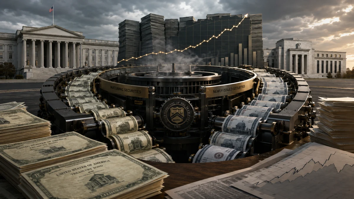 Illustration of the U.S. Treasury building with stacks of money, rolling bond papers, and a rising financial chart in front of a large debt-refinancing machine.