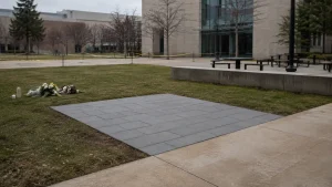 Illustrative university courtyard with a paved memorial area, flowers, and caution tape