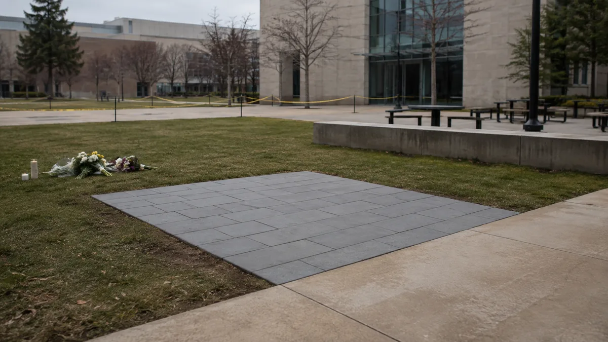 Illustrative university courtyard with a paved memorial area, flowers, and caution tape