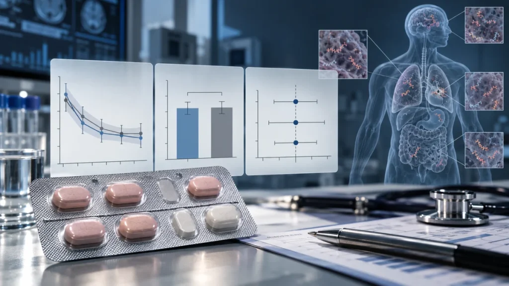 Blister pack of pills beside medical charts, a stethoscope, and a human body graphic with lung and organ highlights.