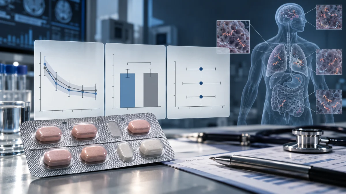Blister pack of pills beside medical charts, a stethoscope, and a human body graphic with lung and organ highlights.