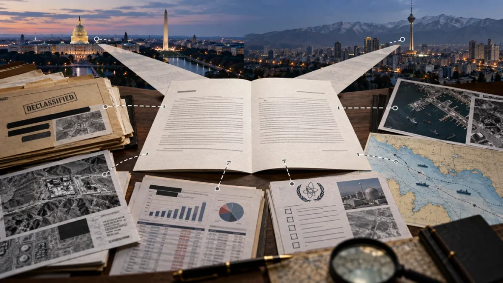 An open letter surrounded by declassified files, charts, maps, and aerial photos with Tehran landmarks in the background.