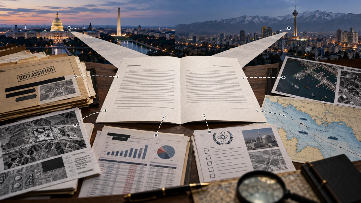 An open letter surrounded by declassified files, charts, maps, and aerial photos with Tehran landmarks in the background.