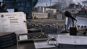 Composite image showing a Department of the Navy contract, an Accurate Energetic Systems facility, explosion aftermath, evidence trays, and a microphone for a news interview.