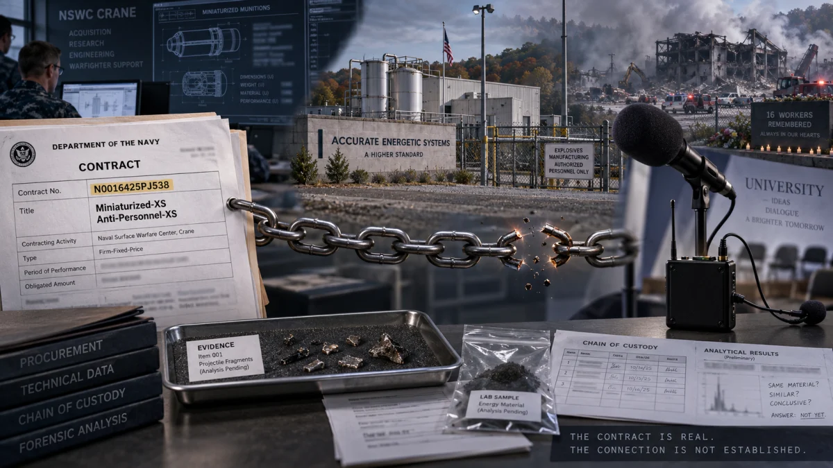 Composite image showing a Department of the Navy contract, an Accurate Energetic Systems facility, explosion aftermath, evidence trays, and a microphone for a news interview.