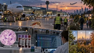 Composite illustration of Frankfurt Airport with a mosquito, blood sample tubes, a lab analyst at a computer, and a microscope image of malaria parasites.
