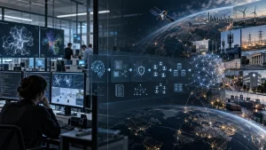 A person monitors multiple computer screens in a tech office while a digital globe, AI network graphics, and global infrastructure imagery fill the background.