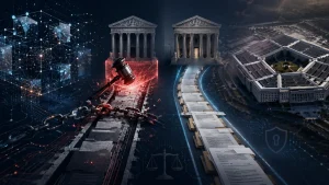 Illustration of a legal and government supply chain concept with court buildings, the Pentagon, documents, chains, and a gavel against a digital network background.