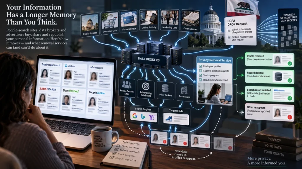 An infographic shows how personal data flows from records, brokers, and websites into data broker databases, and how privacy removal services submit deletion requests and track results.
