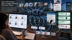 An infographic shows how personal data flows from records, brokers, and websites into data broker databases, and how privacy removal services submit deletion requests and track results.
