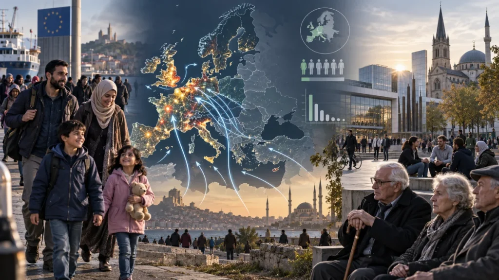 Composite image of Muslim families, European city scenes, and a map of Europe with glowing population markers and arrows indicating migration patterns.