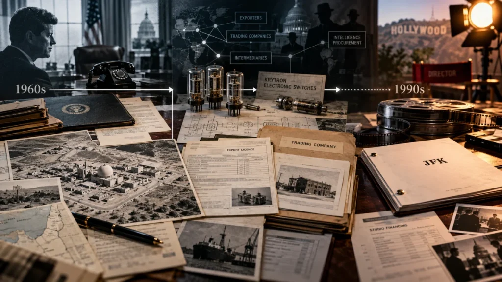 Collage of vintage documents, film reels, intelligence graphics, and JFK records suggesting a timeline from the 1960s to the 1990s.