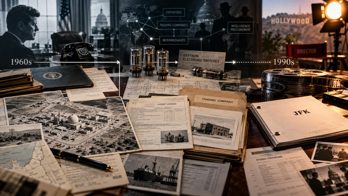 Collage of vintage documents, film reels, intelligence graphics, and JFK records suggesting a timeline from the 1960s to the 1990s.