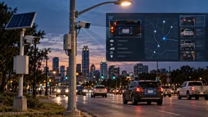 A streetlight-mounted camera system scans passing vehicles at dusk, with a city skyline in the background and an overlay showing license plate recognition data.