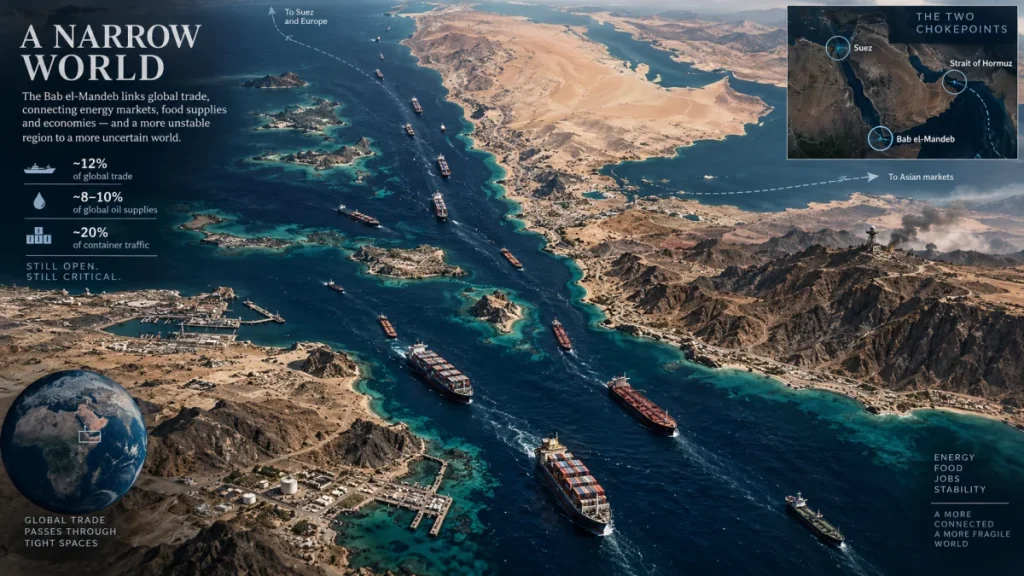 Infographic showing cargo ships passing through the Bab el-Mandeb Strait between Yemen and the Horn of Africa, with labels about global trade, oil, and container traffic.