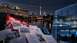 Composite image of Berlin with documents spilling from a hacked server, plus scenes of a power substation, water facility, and control room.