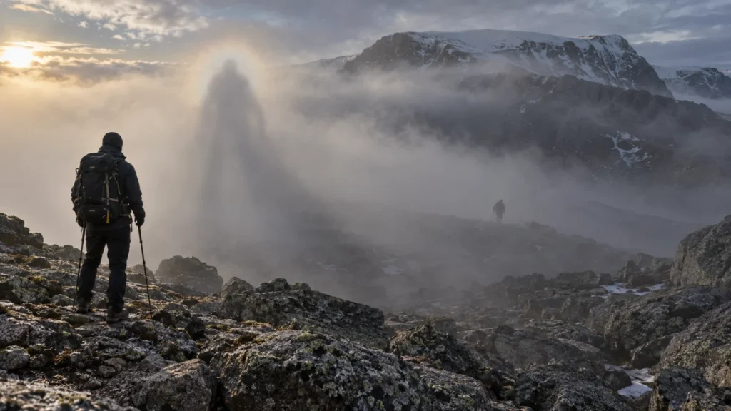 A hiker with trekking poles stands on rocky ground in a misty mountain landscape, with a tall shadowy figure formed in the fog ahead.