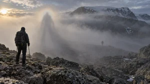 A hiker with trekking poles stands on rocky ground in a misty mountain landscape, with a tall shadowy figure formed in the fog ahead.