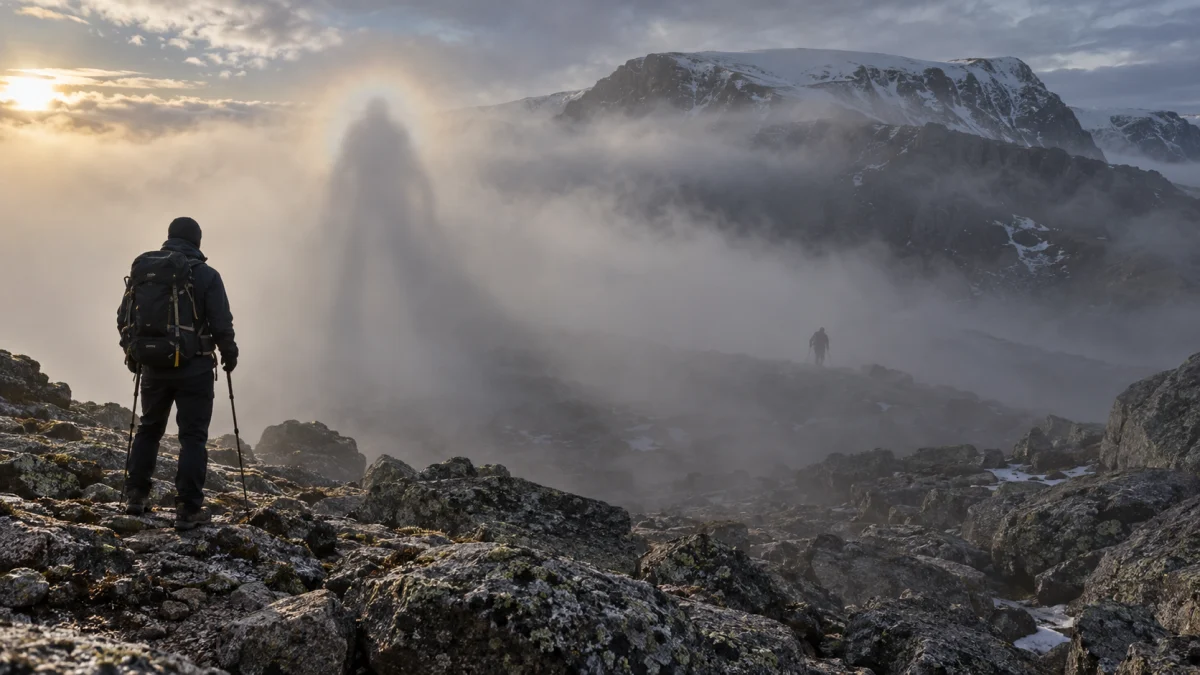 A hiker with trekking poles stands on rocky ground in a misty mountain landscape, with a tall shadowy figure formed in the fog ahead.