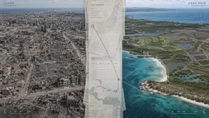Split image comparing destroyed buildings in Rafah, Gaza Strip, with a planned coastal development in Cabo Rojo, Puerto Rico, overlaid with land record graphics.