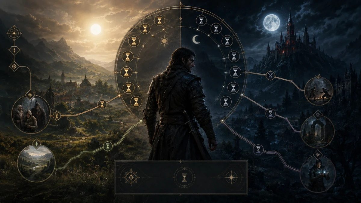 Cinematic game-themed graphic showing a central character surrounded by a circular 30-day timer, hourglass icons, and branching day and night paths over a fantasy landscape.