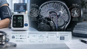 Medical infographic showing a blood pressure monitor, a brain MRI, and comparison labels for lower and higher blood pressure with white matter burden and study results.