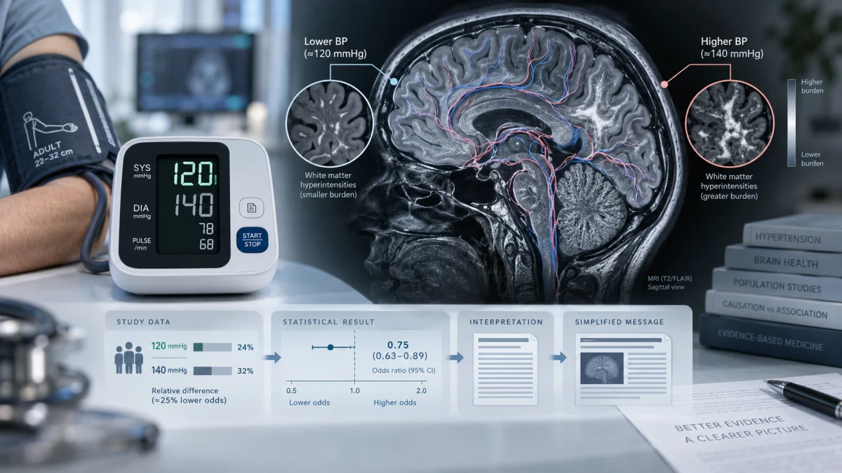 Medical infographic showing a blood pressure monitor, a brain MRI, and comparison labels for lower and higher blood pressure with white matter burden and study results.