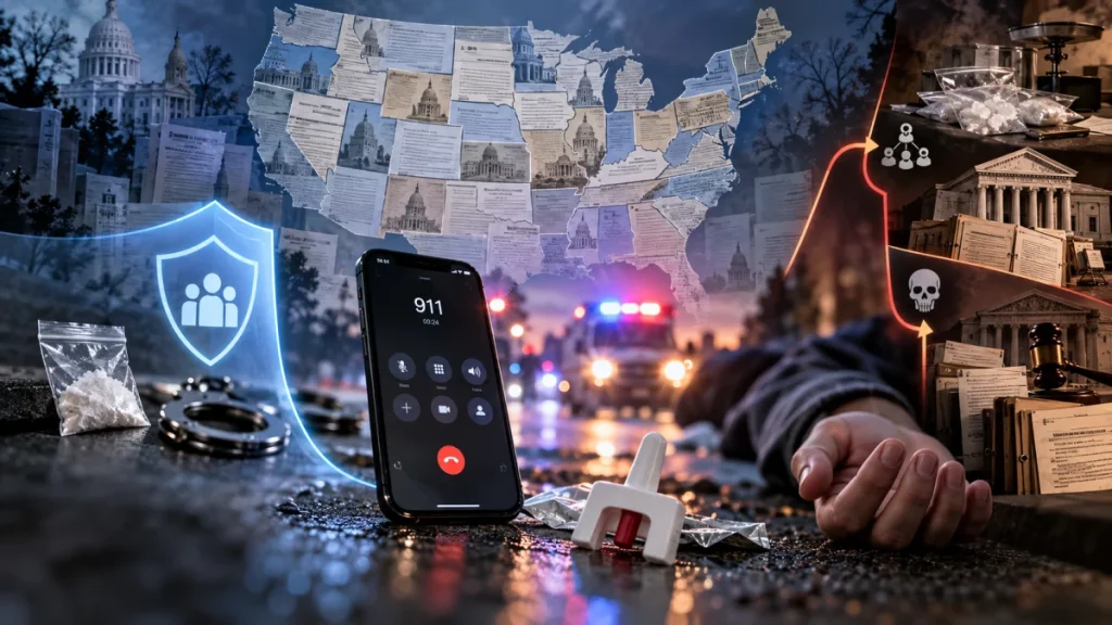 A 911 call phone, overdose paraphernalia, police lights, and legal imagery symbolizing emergency response and Good Samaritan protections.