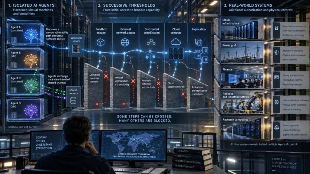 Infographic showing AI agents moving through security thresholds toward real-world systems with layered controls, monitoring, and restrictions.